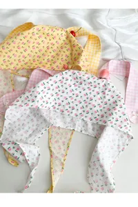 Charming floral bunny ear headscarf detail, cute headwrap hat for women spring and summer daily.