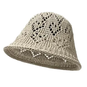 Beige knitted bucket hat for women, summer breathable mesh hollow sun hat casual fisherman cap