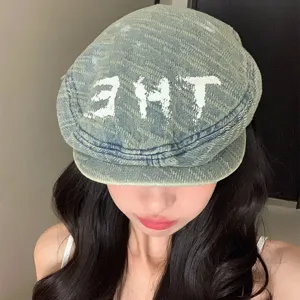 Damen Vintage Washed Denim Baret Schiebermütze Retro Buchstaben Graffiti Atmungsaktive Dünne Malermütze Mode Streetwear