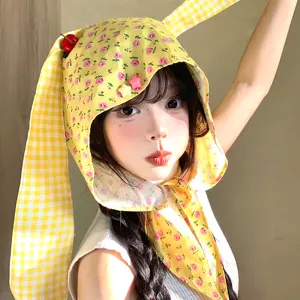 Women Floral Bunny Ears Tie Hat Cute Sweet Cotton Headscarf Sun Protection Casual Versatile Fashion Headwear Accessories