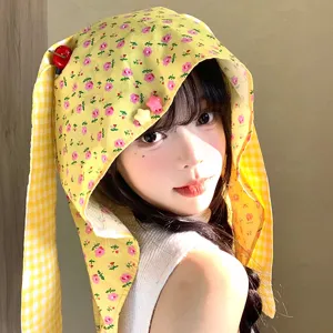 Floral bunny ear headscarf with cherry decor, cute yellow spring summer hat for women.