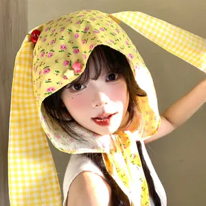 Cute floral rabbit ear bonnet hat with sweet cherry decor, stylish strap sun hat for women.
