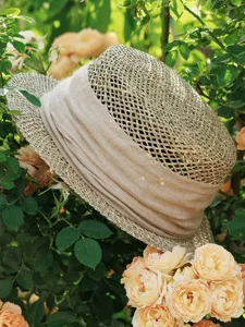 French vintage hollow straw hat flat top sun hat beach summer women elegant boater hat