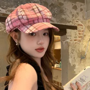 Pink plaid newsboy hat for women, Japanese style vintage beret, chic octagonal cap for summer.