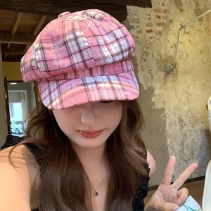 Japanese style sweet pink plaid beret hat for women, fashionable octagonal newsboy cap summer.