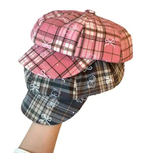 Japanese style cute pink plaid newsboy hat for women, fashionable octagonal beret cap.