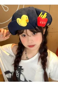 Boina de mezcla vaquera con peluches de pato y patatas fritas, sombrero chic mujer.