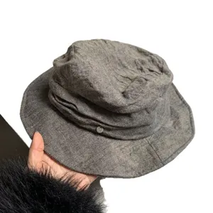 Japanese retro linen bucket hat, casual wide brim sun protection hat with unique wrinkled design.