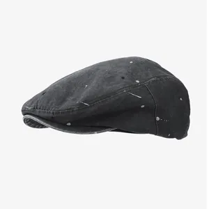Vintage paint splatter flat cap for men and women, stylish retro ivy duckbill cotton beret hat.