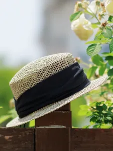 French retro hollow woven straw hat short brim flat top fedora summer beach sun hat detail view