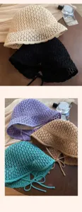 Gedetailleerd overzicht van zomerse opengewerkte gebreide vissershoeden in diverse kleuren.