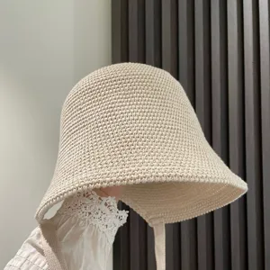 Beige knitted bucket hat for women, Japanese style strap sun protection basin hat spring summer