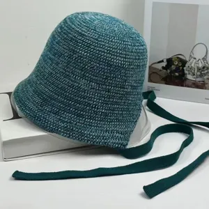 Woven bucket hat for women spring summer green knit fisherman hat with long ties sun protection