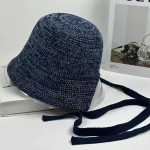 Dark blue knit bucket hat with long ties, woven sun protection hat for women spring and summer.