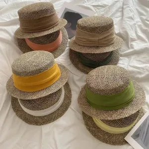French Vintage Saltgrass Hollow Out Woven Flat Top Short Brim Straw Hat Summer Beach Sun Protection Women Hat