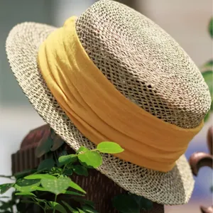 French retro straw flat top boater hat with yellow ribbon chic summer beach sun hat.