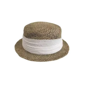 French vintage straw hat with white ribbon flat top boater sun hat for summer beach women.