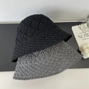 Womens knitted bucket hat mesh hollow out sun protection casual summer basin hat grey