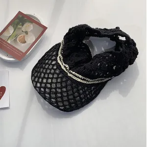 Sombrero de sol de ganchillo negro parte superior vacía hueco tejido de verano protección UV visera