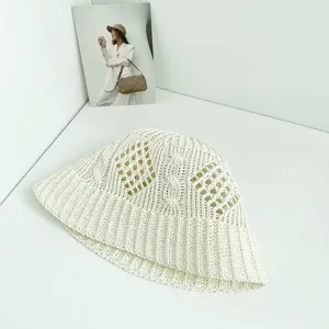 White knitted bucket hat for women, hollow out cable knit sun hat for summer outdoor beach.