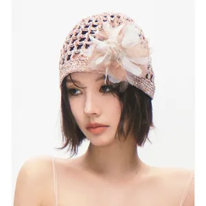 Women Summer Hollow Out Knit Beanie Hat Crochet Mesh Floral Decorated Casual Cap Fashion Accessories