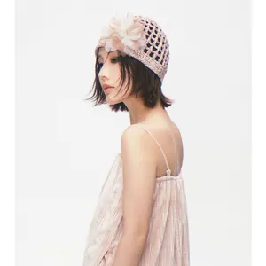 Women summer hollow cloche hat vintage crochet fishnet sun hat with floral rhinestone decor