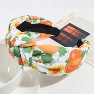 Autumn pumpkin sunflower knotted headband, stylish wide hair accessory for daily wear.