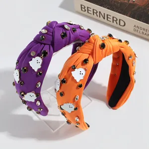 Halloween knotted fabric headbands set featuring cute ghost charms and sparkly rhinestones.