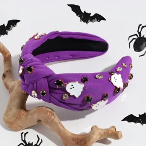 Halloween purple rhinestone ghost knotted headband detail view, stylish fabric hair accessory