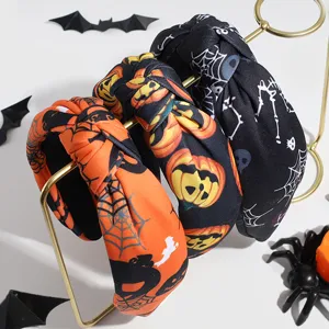 Gothic Halloween Spider Web Pumpkin Skull Knotted Headband Women Fashion Wide Hair Band Party Hair Accessories