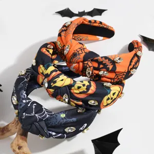 Halloween rhinestone knotted headband pumpkin spiderweb cute fashion hair hoop accessories