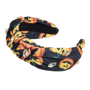 Halloween pumpkin print rhinestone knotted headband fashion wide hair hoop for women hair accessories