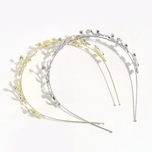 Exquisita diadema de hojas con diamantes de imitación, aro de pelo dorado y plateado elegante.