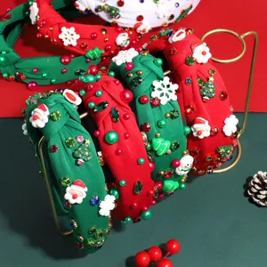 Christmas Knotted Headband with Rhinestones Santa Claus Xmas Tree Snowflake Knotted Hair Hoop For Women Holiday Party Decor