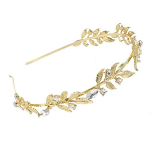 Diadema dorada de hojas con estrías para mujeres, elegante aro de pelo de cristal para fiesta.