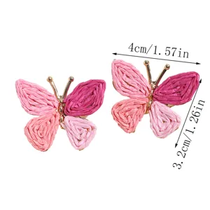 Pink straw woven butterfly stud earrings detail view showing clear dimensions for women.