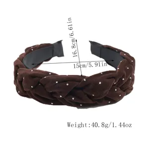 Detailed view of the brown velvet braided headband, showing dimensions and weight info.