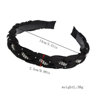 Detail view of black velvet braided rhinestone headband with dimension specs for women.