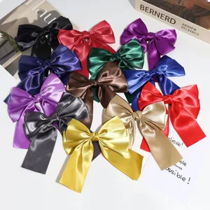 Satin ribbon bow hair clips set, elegant long tail hair accessories for women and girls.