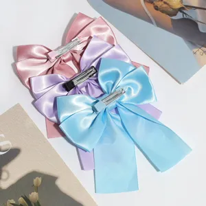 Satin bow hair clips with long ribbons, cute Korean style duckbill hair clips for women and girls.