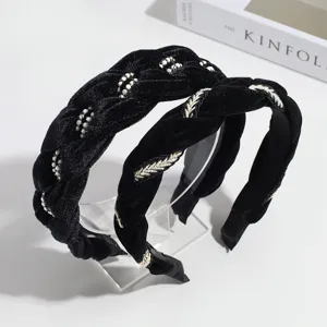 Black velvet braided headband with pearls and gold embroidery, elegant autumn hair accessory.