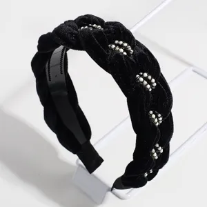 Black velvet braided headband with elegant pearl embellishments for women and girls daily wear.