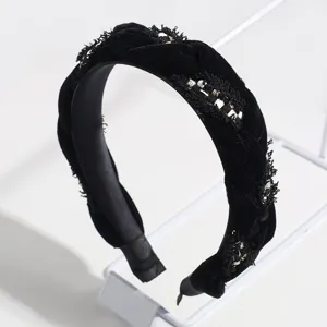 Black velvet braided headband detail, fringe design with bead accents, autumn winter hair accessory.