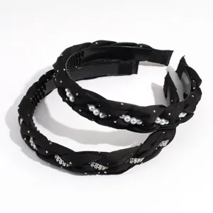 Black braided headband set featuring elegant pearls and sparkling rhinestones for stylish daily hair decor.