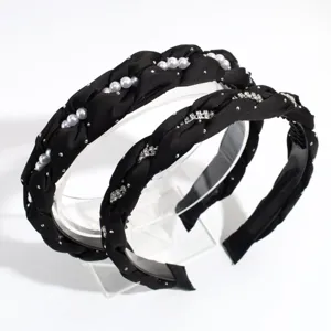 Black braided headband set featuring pearl and rhinestone details, perfect for elegant daily styling.