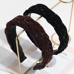 Velvet braided headband detail, rhinestone studded design, elegant hair accessory close-up