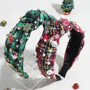 Weihnachts Karo Haarreif mit Perlen und Strass, festlicher Haarschmuck fuer Damen.