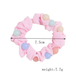 Chouchou en tissu rose avec perles colorées, style doux, diamètre 7,5 cm, accessoire.