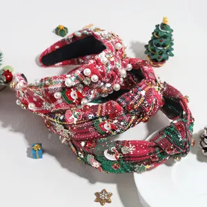 Weihnachten Kariert Knotenförmig Haarreif Detail mit Perlen Strass Anhänger Feiertag.
