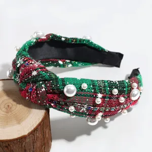Weihnachten Kunstperle Strass Kariert Geknoteter Haarreif Vintage Mode Haarschmuck
